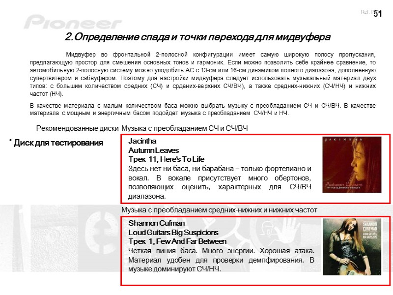 51 2.Определение спада и точки перехода для мидвуфера * Диск для тестирования  Мидвуфер